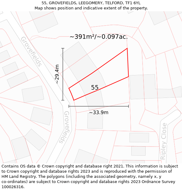55, GROVEFIELDS, LEEGOMERY, TELFORD, TF1 6YL: Plot and title map