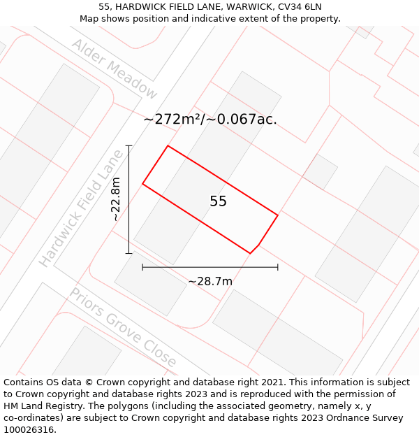 55, HARDWICK FIELD LANE, WARWICK, CV34 6LN: Plot and title map