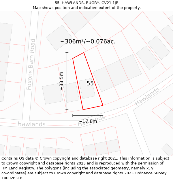 55, HAWLANDS, RUGBY, CV21 1JR: Plot and title map