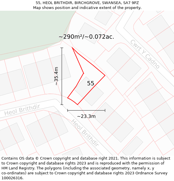 55, HEOL BRITHDIR, BIRCHGROVE, SWANSEA, SA7 9PZ: Plot and title map