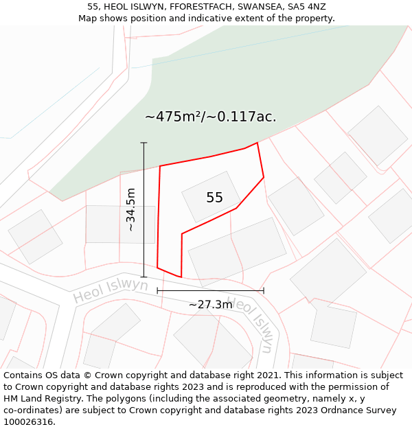 55, HEOL ISLWYN, FFORESTFACH, SWANSEA, SA5 4NZ: Plot and title map