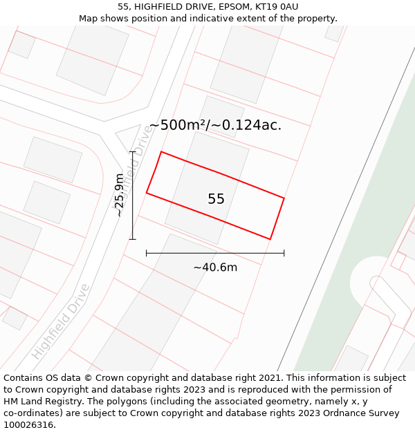 55, HIGHFIELD DRIVE, EPSOM, KT19 0AU: Plot and title map