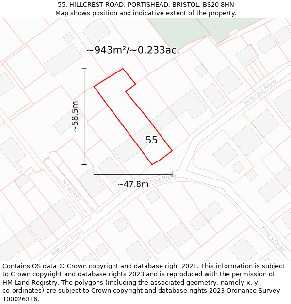 55, HILLCREST ROAD, PORTISHEAD, BRISTOL, BS20 8HN: Plot and title map