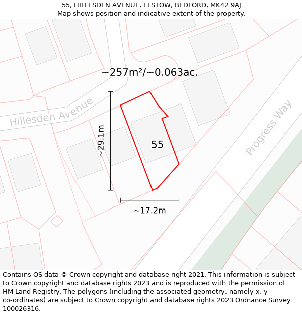 55, HILLESDEN AVENUE, ELSTOW, BEDFORD, MK42 9AJ: Plot and title map