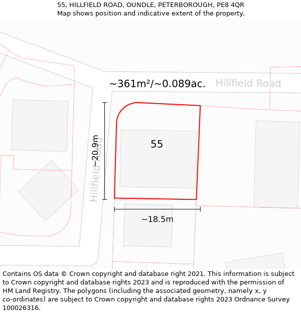 55, HILLFIELD ROAD, OUNDLE, PETERBOROUGH, PE8 4QR: Plot and title map