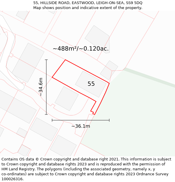 55, HILLSIDE ROAD, EASTWOOD, LEIGH-ON-SEA, SS9 5DQ: Plot and title map