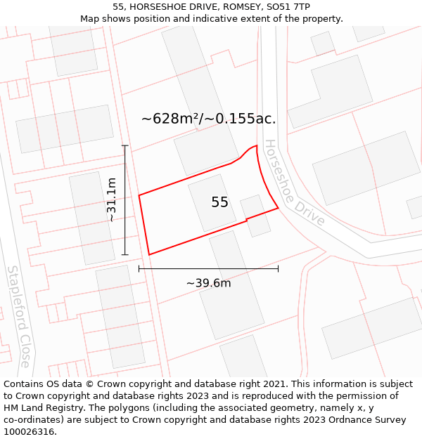 55, HORSESHOE DRIVE, ROMSEY, SO51 7TP: Plot and title map