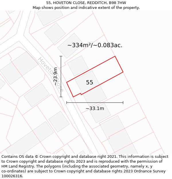 55, HOVETON CLOSE, REDDITCH, B98 7HW: Plot and title map