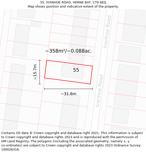 55, IVANHOE ROAD, HERNE BAY, CT6 6EQ: Plot and title map