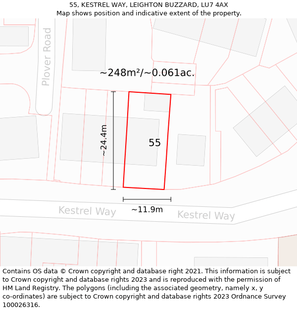 55, KESTREL WAY, LEIGHTON BUZZARD, LU7 4AX: Plot and title map