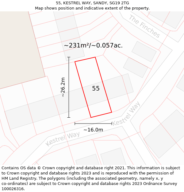 55, KESTREL WAY, SANDY, SG19 2TG: Plot and title map