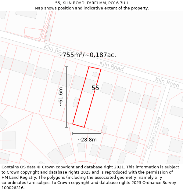 55, KILN ROAD, FAREHAM, PO16 7UH: Plot and title map