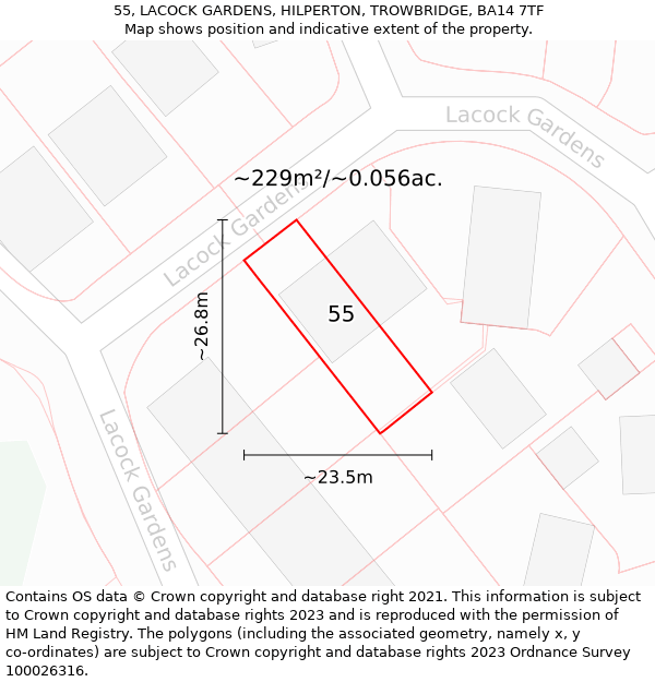 55, LACOCK GARDENS, HILPERTON, TROWBRIDGE, BA14 7TF: Plot and title map