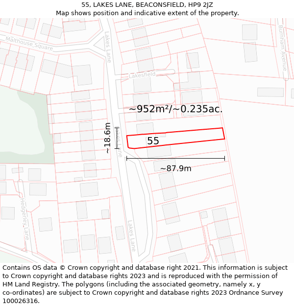 55, LAKES LANE, BEACONSFIELD, HP9 2JZ: Plot and title map