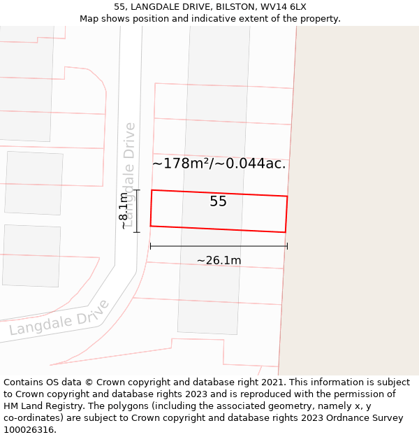 55, LANGDALE DRIVE, BILSTON, WV14 6LX: Plot and title map