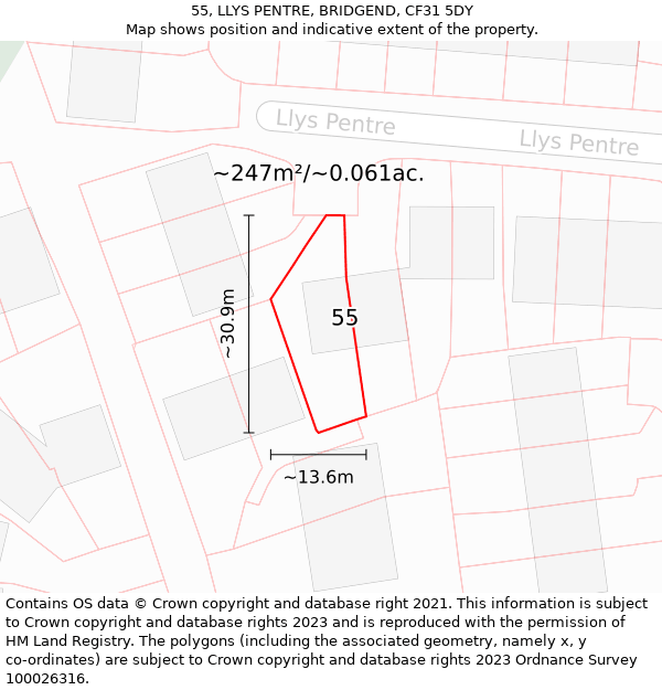 55, LLYS PENTRE, BRIDGEND, CF31 5DY: Plot and title map