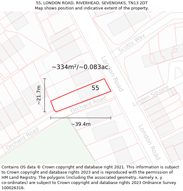 55, LONDON ROAD, RIVERHEAD, SEVENOAKS, TN13 2DT: Plot and title map