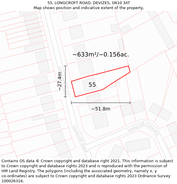 55, LONGCROFT ROAD, DEVIZES, SN10 3AT: Plot and title map