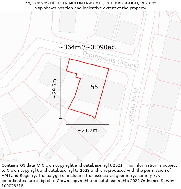 55, LORNAS FIELD, HAMPTON HARGATE, PETERBOROUGH, PE7 8AY: Plot and title map