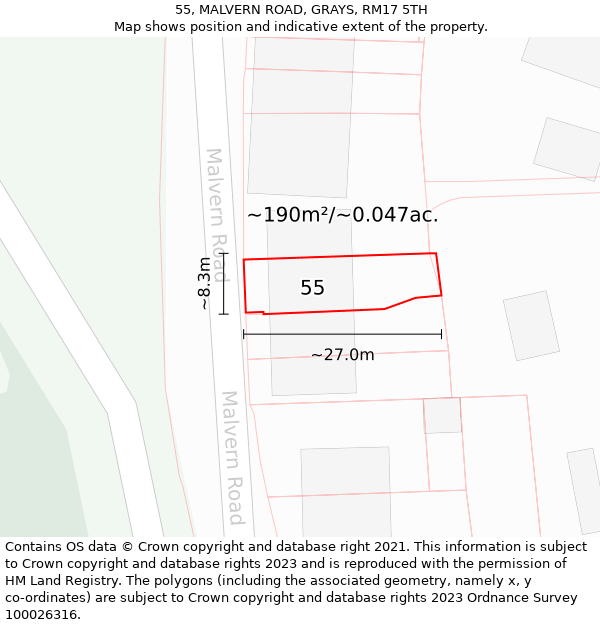 55, MALVERN ROAD, GRAYS, RM17 5TH: Plot and title map