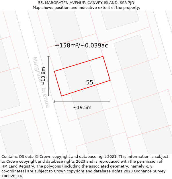 55, MARGRATEN AVENUE, CANVEY ISLAND, SS8 7JD: Plot and title map