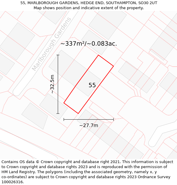 55, MARLBOROUGH GARDENS, HEDGE END, SOUTHAMPTON, SO30 2UT: Plot and title map