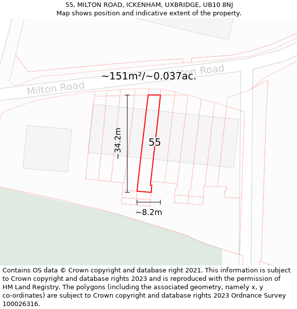 55, MILTON ROAD, ICKENHAM, UXBRIDGE, UB10 8NJ: Plot and title map