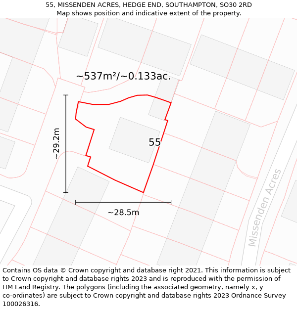 55, MISSENDEN ACRES, HEDGE END, SOUTHAMPTON, SO30 2RD: Plot and title map