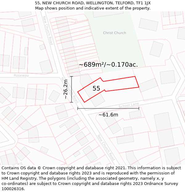 55, NEW CHURCH ROAD, WELLINGTON, TELFORD, TF1 1JX: Plot and title map
