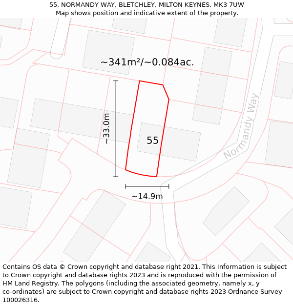 55, NORMANDY WAY, BLETCHLEY, MILTON KEYNES, MK3 7UW: Plot and title map