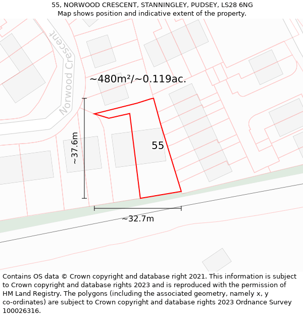 55, NORWOOD CRESCENT, STANNINGLEY, PUDSEY, LS28 6NG: Plot and title map