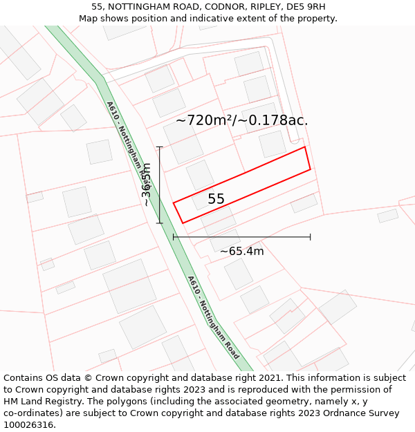 55, NOTTINGHAM ROAD, CODNOR, RIPLEY, DE5 9RH: Plot and title map