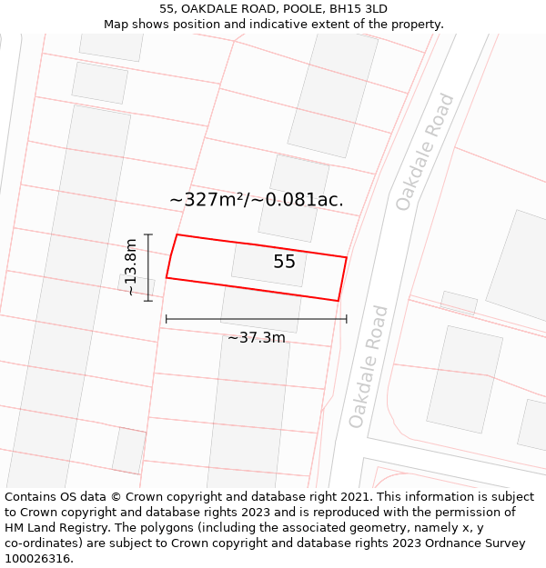 55, OAKDALE ROAD, POOLE, BH15 3LD: Plot and title map