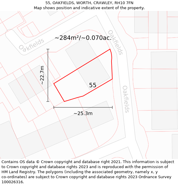 55, OAKFIELDS, WORTH, CRAWLEY, RH10 7FN: Plot and title map