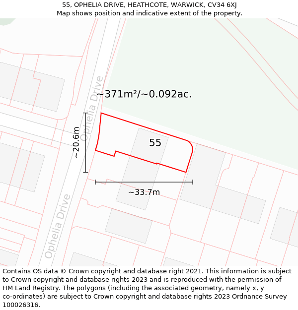 55, OPHELIA DRIVE, HEATHCOTE, WARWICK, CV34 6XJ: Plot and title map