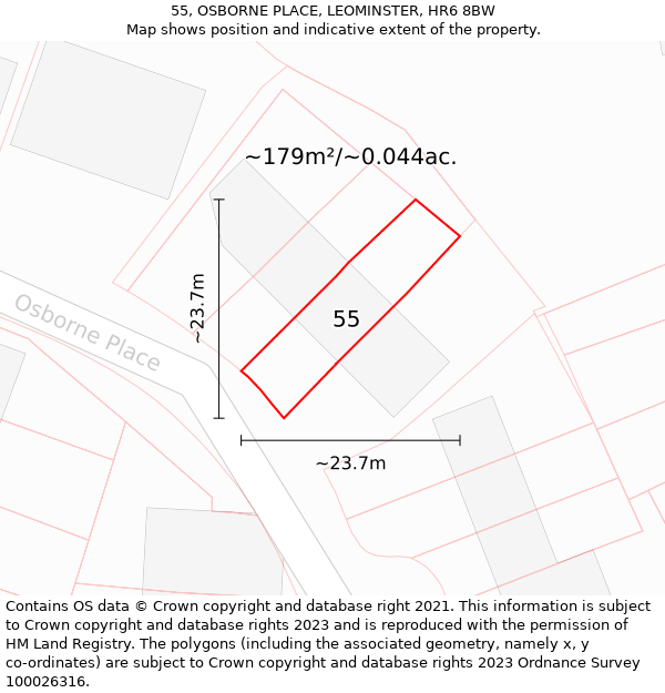 55, OSBORNE PLACE, LEOMINSTER, HR6 8BW: Plot and title map