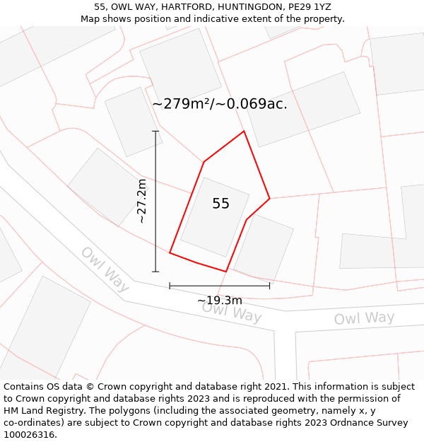 55, OWL WAY, HARTFORD, HUNTINGDON, PE29 1YZ: Plot and title map