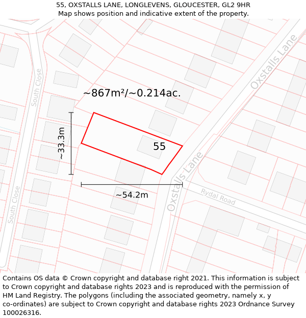 55, OXSTALLS LANE, LONGLEVENS, GLOUCESTER, GL2 9HR: Plot and title map