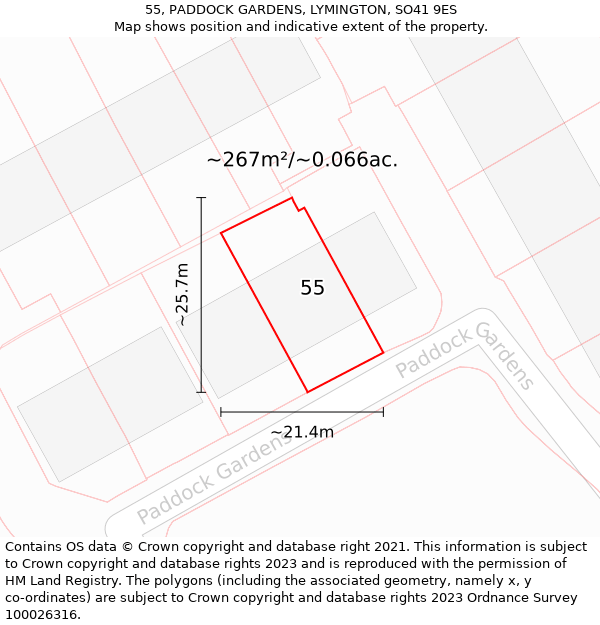 55, PADDOCK GARDENS, LYMINGTON, SO41 9ES: Plot and title map