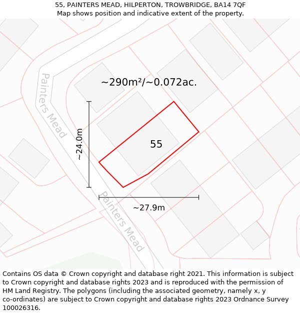 55, PAINTERS MEAD, HILPERTON, TROWBRIDGE, BA14 7QF: Plot and title map