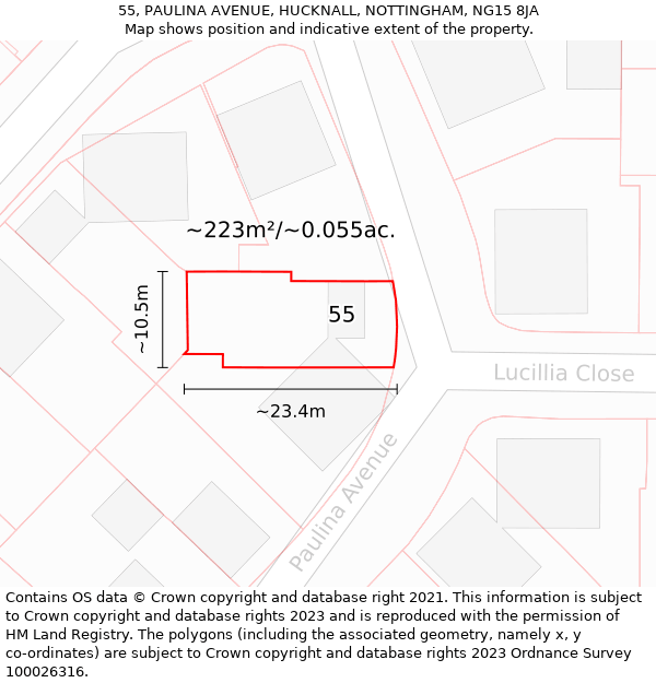 55, PAULINA AVENUE, HUCKNALL, NOTTINGHAM, NG15 8JA: Plot and title map