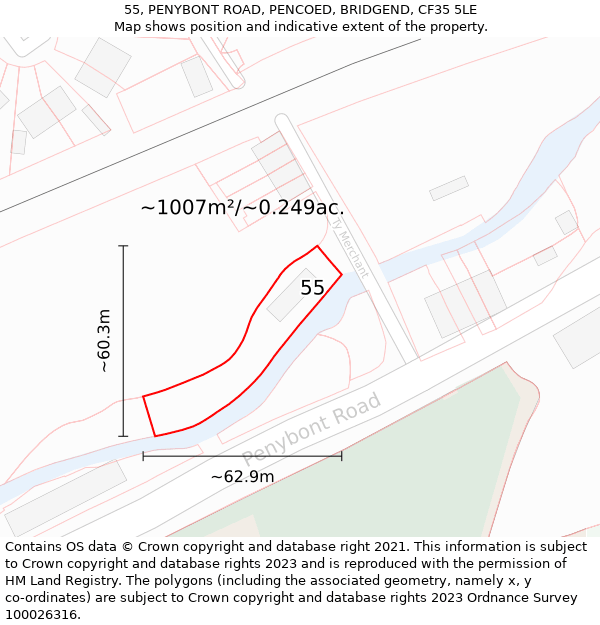 55, PENYBONT ROAD, PENCOED, BRIDGEND, CF35 5LE: Plot and title map