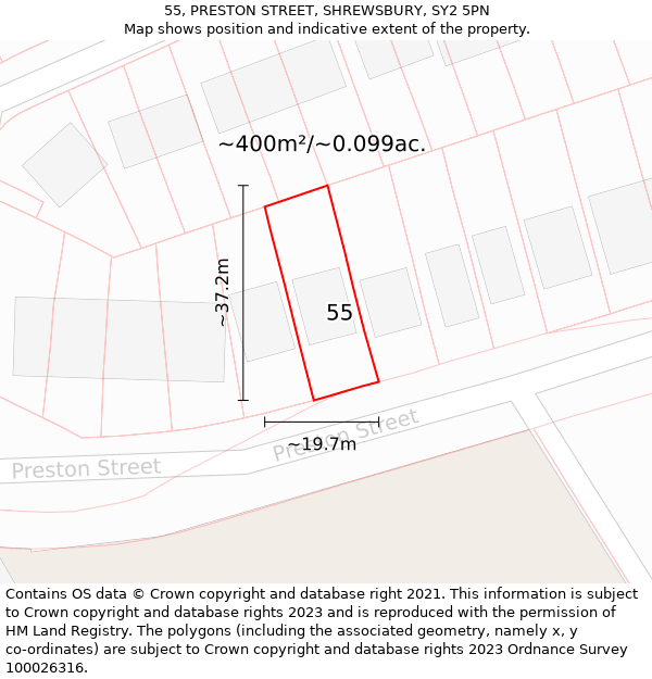 55, PRESTON STREET, SHREWSBURY, SY2 5PN: Plot and title map