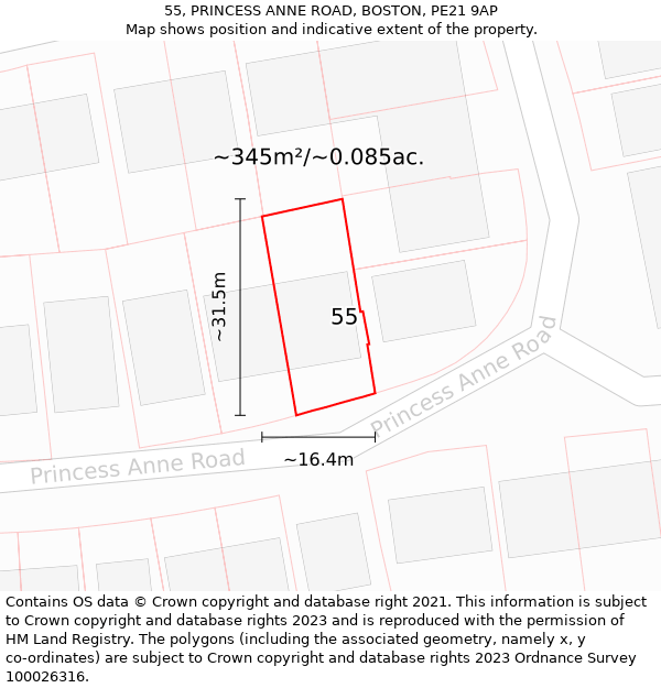 55, PRINCESS ANNE ROAD, BOSTON, PE21 9AP: Plot and title map