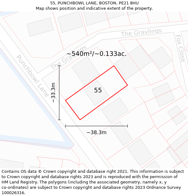 55, PUNCHBOWL LANE, BOSTON, PE21 8HU: Plot and title map