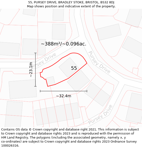 55, PURSEY DRIVE, BRADLEY STOKE, BRISTOL, BS32 8DJ: Plot and title map