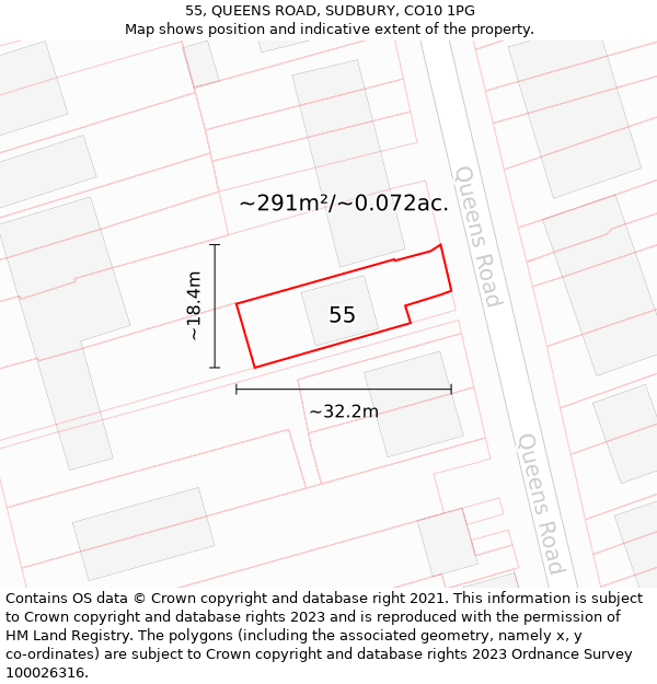 55, QUEENS ROAD, SUDBURY, CO10 1PG: Plot and title map