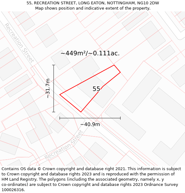 55, RECREATION STREET, LONG EATON, NOTTINGHAM, NG10 2DW: Plot and title map