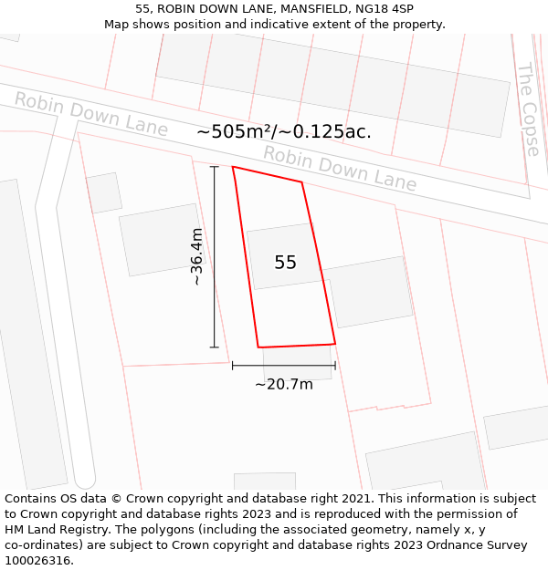 55, ROBIN DOWN LANE, MANSFIELD, NG18 4SP: Plot and title map