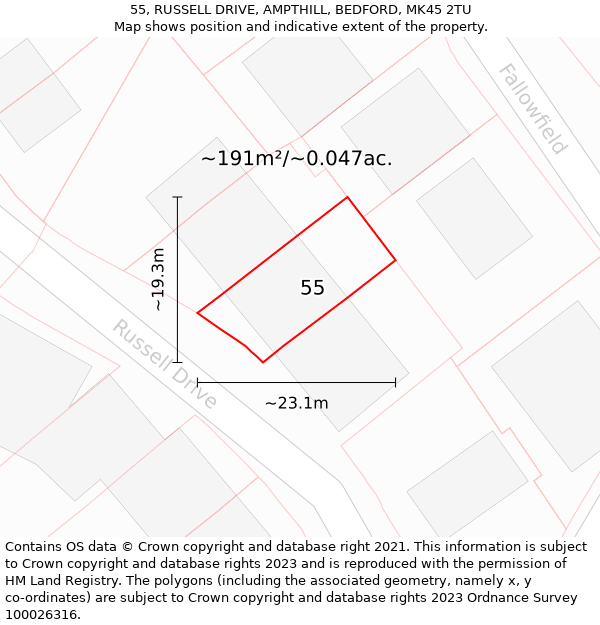 55, RUSSELL DRIVE, AMPTHILL, BEDFORD, MK45 2TU: Plot and title map